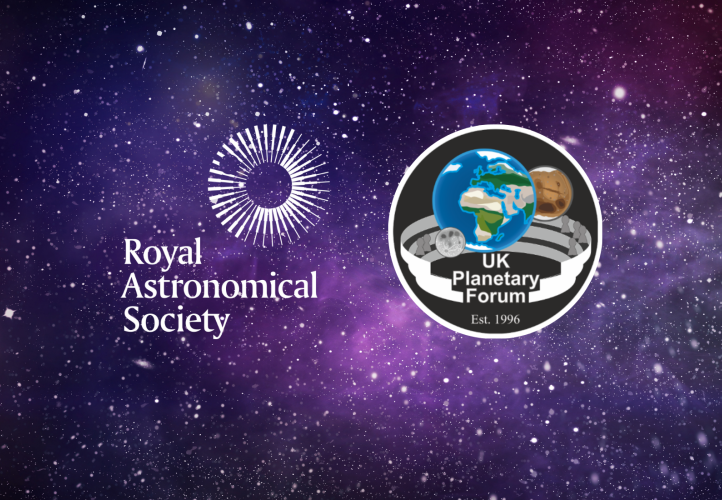 Purple starry background with the logos of the Royal Astronomical Society and the UK Planetary Forum.